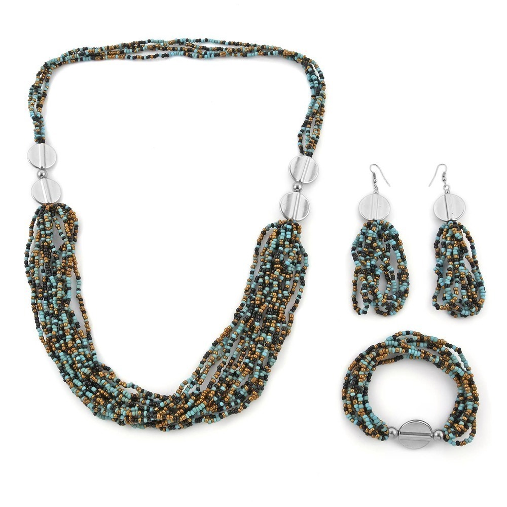 Blue Seed Bead Necklace Bracelet & Earrings Bead Necklace Earring Multi Strand
